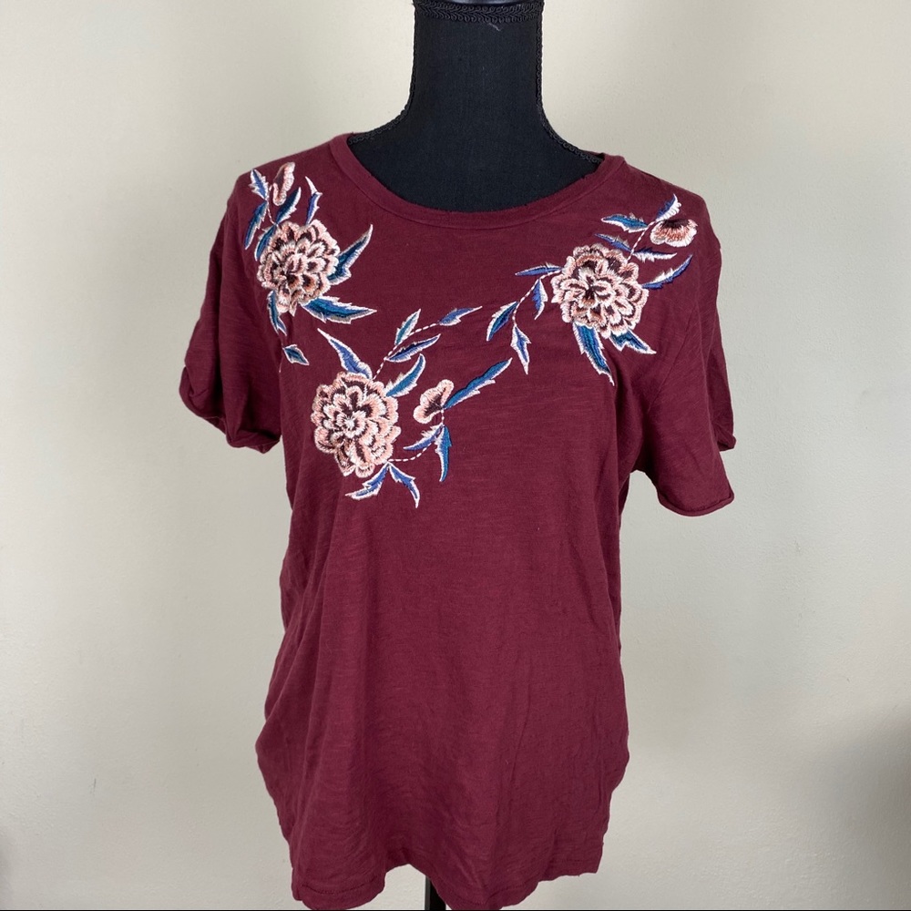 Lucky Brand Boho Distressed Embroidered Top L